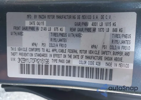 2015 Mazda Mazda3 I Sport z USA, uszkodzony, nr VIN 3MZBM1U70FM216198